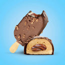 Chocolate-dipped ice cream bar with a peanut butter filling on a blue background