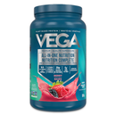 A container of Vega All-in-One Nutrition in Berry Blast flavor, highlighting its plant-based protein and comprehensive nutrition benefits.