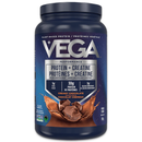 Vega protein powder container with chocolate flavor on a white background