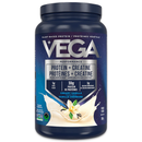 Vega protein supplement container with blue and white design on a white background