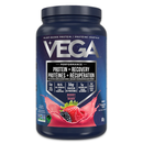 A bottle of Vega Protein + Recovery powder in a berry flavor, highlighting its plant-based protein and recovery properties.