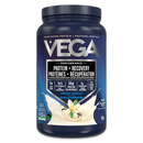 A bottle of Vega Protein + Recovery powder in a berry flavor, highlighting its plant-based protein and recovery properties.