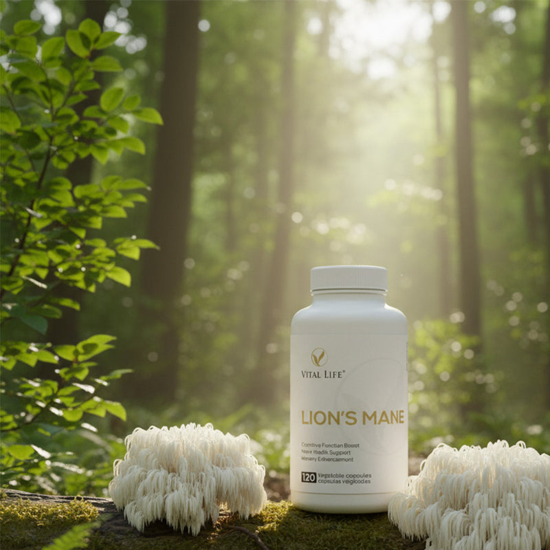 Vital Life Lion's Mane supplement bottle in a forest setting