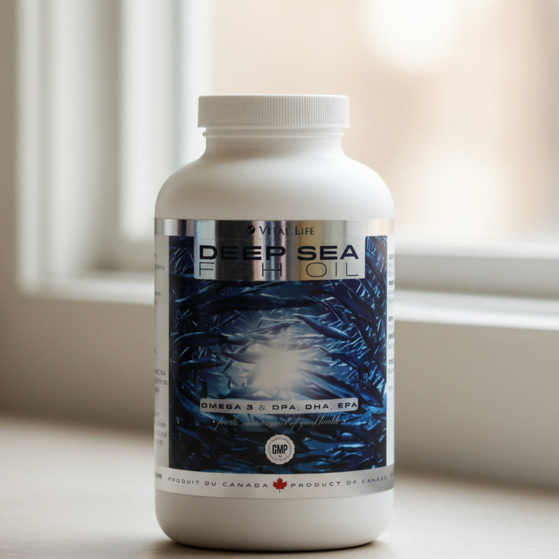 Bottle of Deep Sea Oil on a neutral background