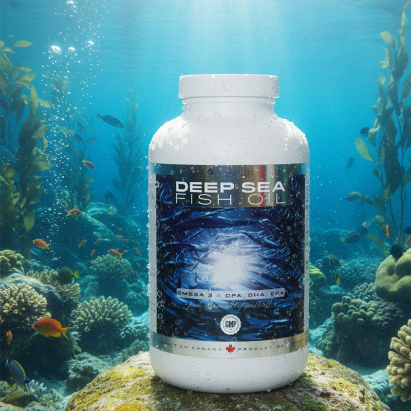 Bottle of Deep Sea Fish Oil underwater with marine life and coral.