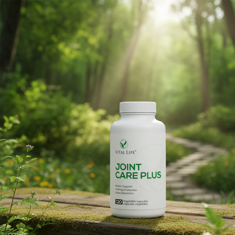 Vital Life Joint Care Plus supplement bottle on a wooden bench with a forest background