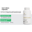 Lion's Mane Capsules bottle with product details on a white background