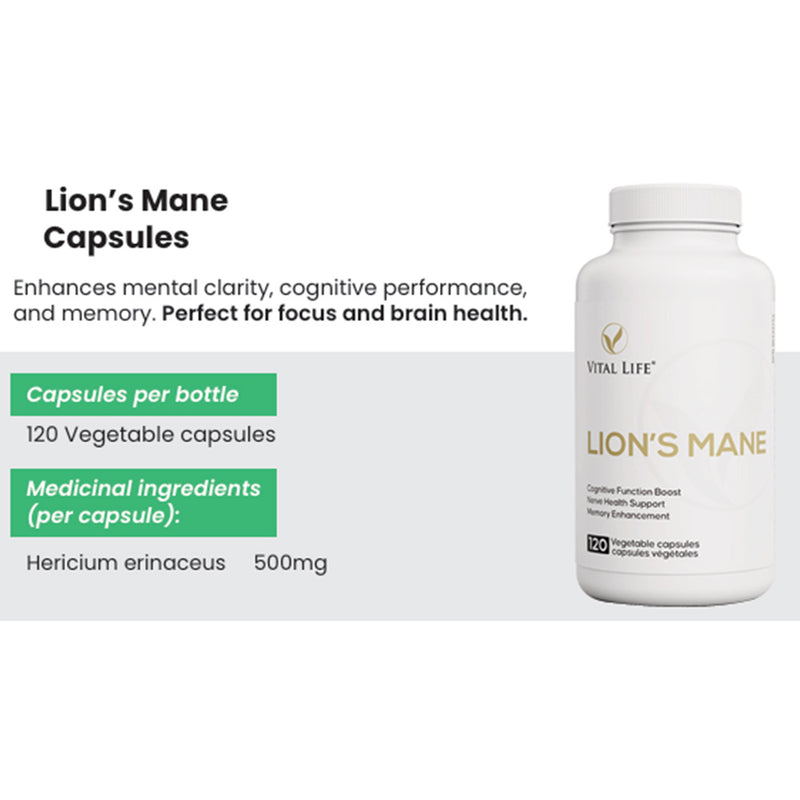 Lion's Mane Capsules bottle with product details on a white background