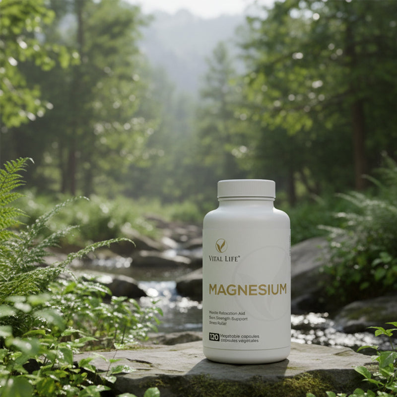 Vital Life Magnesium supplement bottle in a natural setting with a stream and trees.