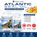 Vital Life Atlantic Seal Oil packaging with product details and health benefits on a blue background.