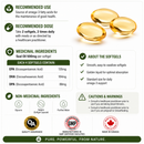 Vitamin supplement packaging with softgels, dosing information, and quality assurance logos.