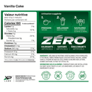 Nutritional label and ingredient list for a vanilla cake product on a white background