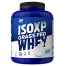 A blue plastic container of XP Labs ISO XP Grass Fed Whey Isolate, unflavored, with product information and branding on the label.