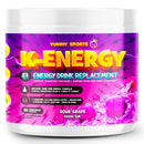 Container of Yummy Sports K-Energy energy drink replacement in sour grape flavor with graphics and text displaying the product name and benefits.