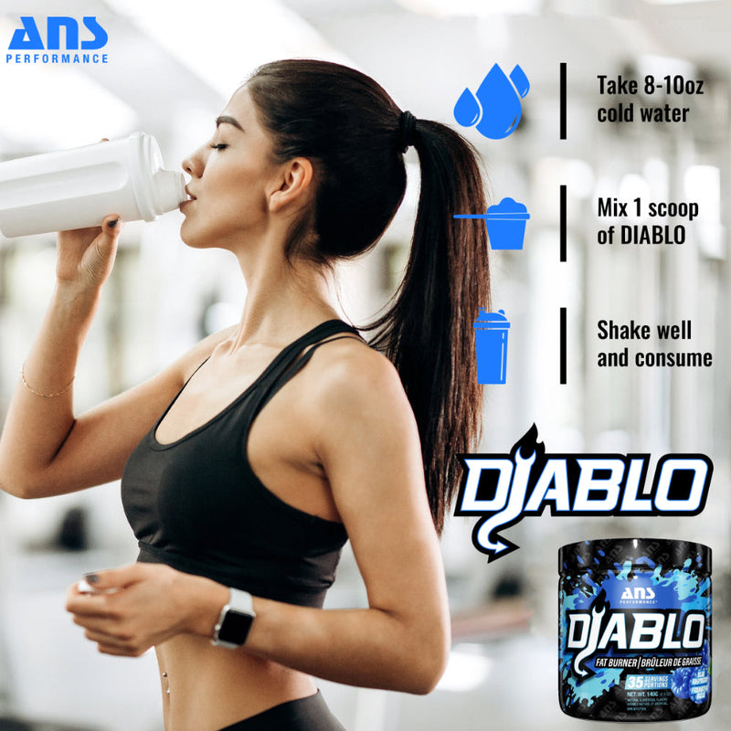 ANS Performance Diablo V3 (35 servings) image of fitness girl drinking diablo. If you are looking for more effective weight management, more energy & the advantage needed to kick start your fat loss journey, DIABLO is the key.