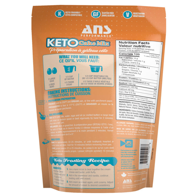 ANS Performance KETO Carrot Cake Mix ingredients on package. Incredibly delicious Carrot Cake Mix that will satisfy your cravings for real carrot cake or muffins! Let your creativity run wild.