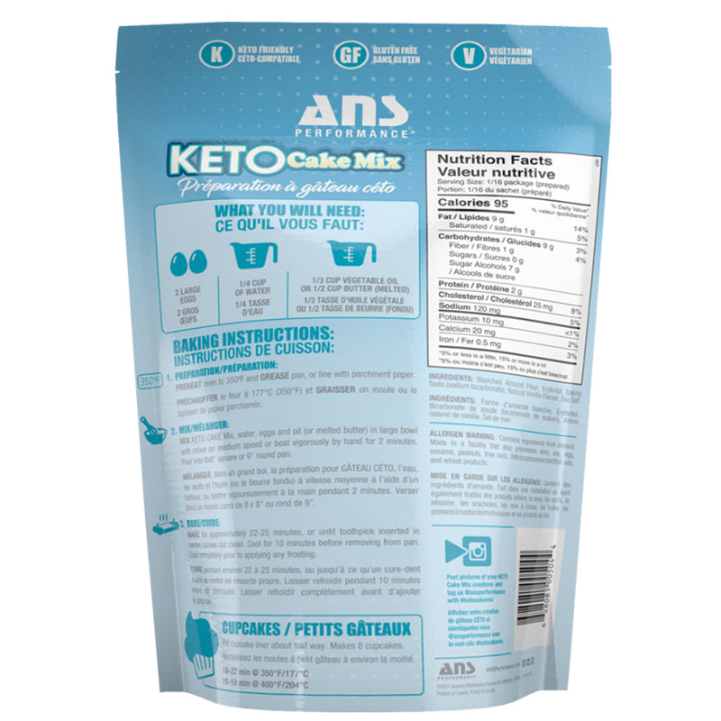 ANS Performance KETO Cake Mix (235 g) bag image of ingredients and directions. Enjoy low net carb, sugar-free vanilla cake with our easy to bake mix. Only 1 gram of net carbs per serving. Gluten free, and perfect for keto, low-carb, paleo or vegetarian diets!