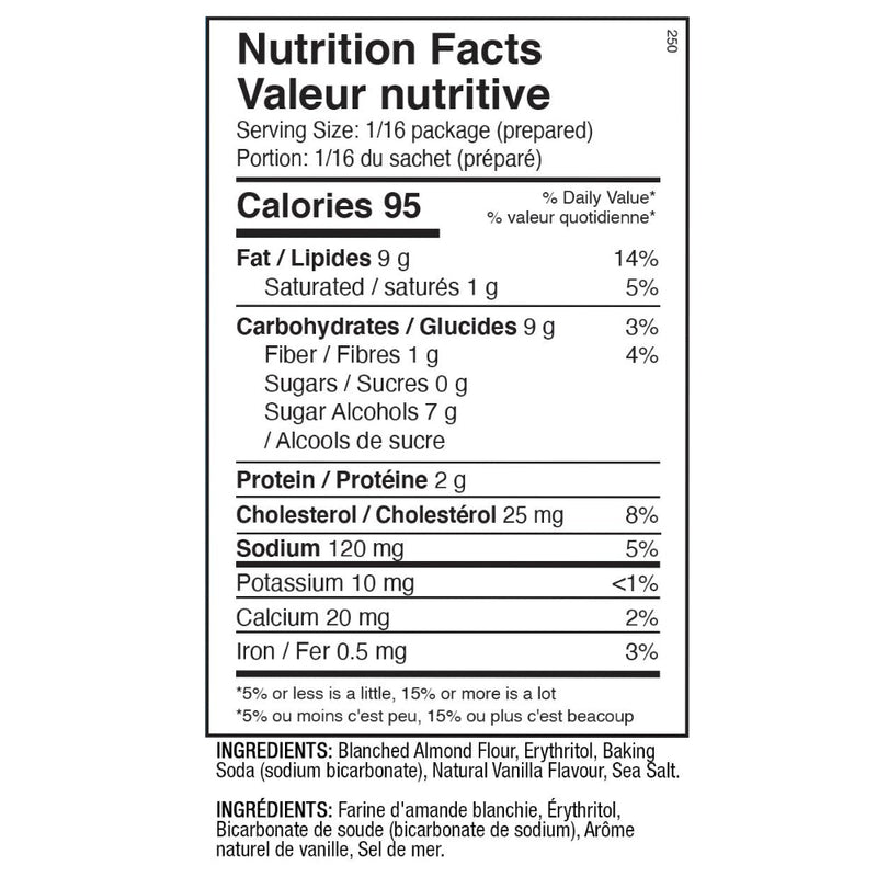ANS Performance KETO Cake Mix (235 g) supplement facts of ingedients. Enjoy low net carb, sugar-free vanilla cake with our easy to bake mix. Only 1 gram of net carbs per serving. Gluten free, and perfect for keto, low-carb, paleo or vegetarian diets!