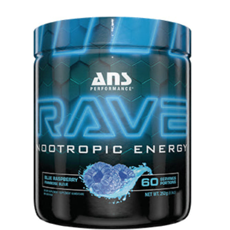 Buy Now! ANS Performance RAVE (60 servings) Blue Raspberry. RAVE Pre-Workout is unbridled energy and unmatched mental enhancement. Workouts are more intense, big projects become child's play, exams wilt under your powerful pen and games yield to your enhanced reaction time.