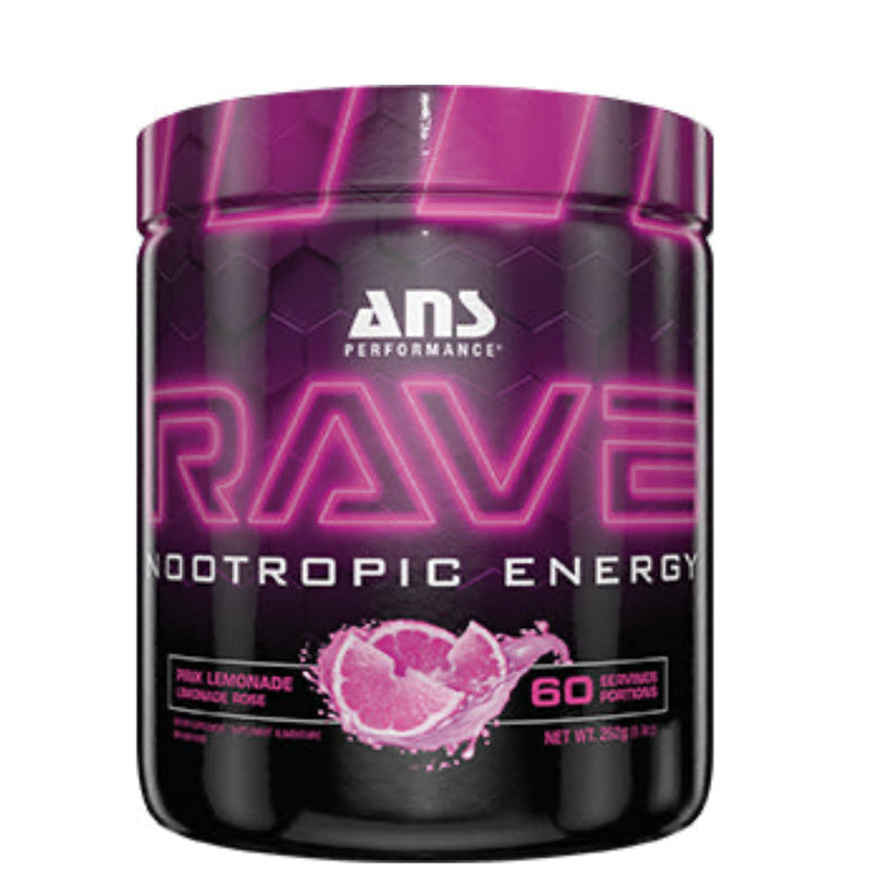 Buy Now! ANS Performance RAVE (60 servings) Pink Lemonade. RAVE Pre-Workout is unbridled energy and unmatched mental enhancement. Workouts are more intense, big projects become child's play, exams wilt under your powerful pen and games yield to your enhanced reaction time.