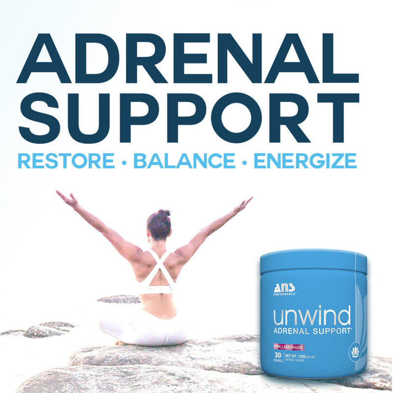 ANS Performance Unwind (30 servings) adrenal support social media image UNWIND's unique formula combines key vitamins, minerals & adaptogens like KSM-66® Ashwagandha to naturally elevate energy, increase resistance to stress and promote hormonal balance.