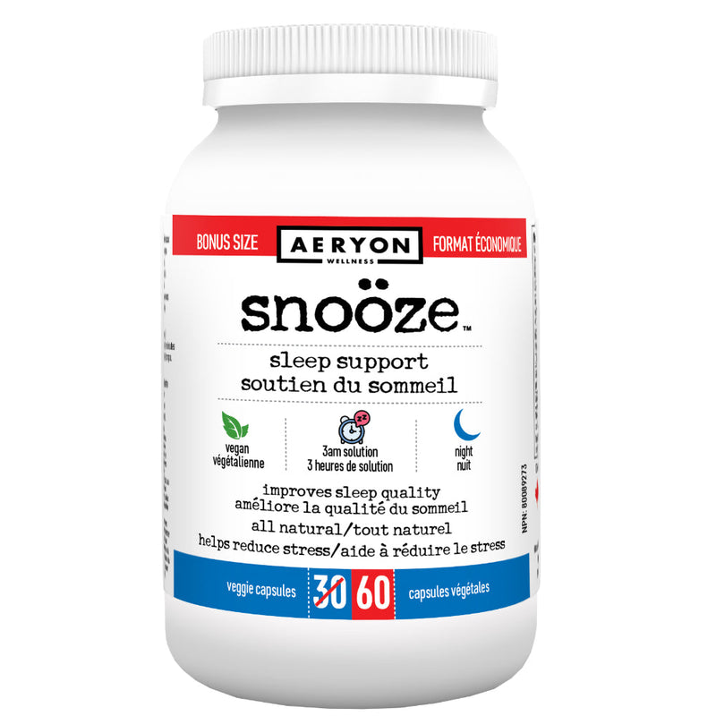 Buy Now! Aeryon Wellness Snooze (60 caps). This all-natural formula can help reduce stress, promote relaxation and improve sleep quality so you feel well rested and recharged when you wake up in the morning!