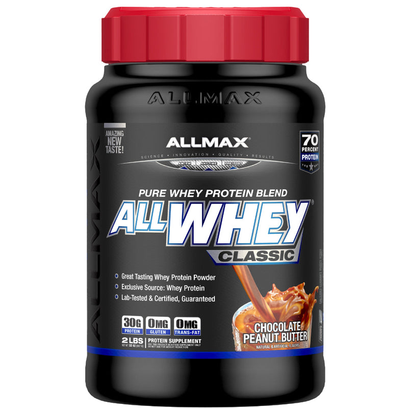 Allmax Nutrition Allwhey Classic 2 lbs pure whey protein blend chocolate peanut butter.