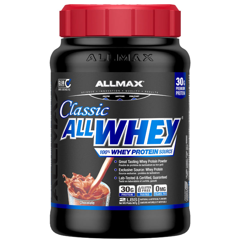 Allmax Nutrition Allwhey Classic 2 lbs pure whey protein blend chocolate.