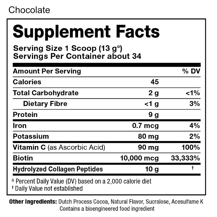 Allmax Nutrition Collagen with Biotin & Vitamin C (Chocolate Supplement Facts) 440 g.