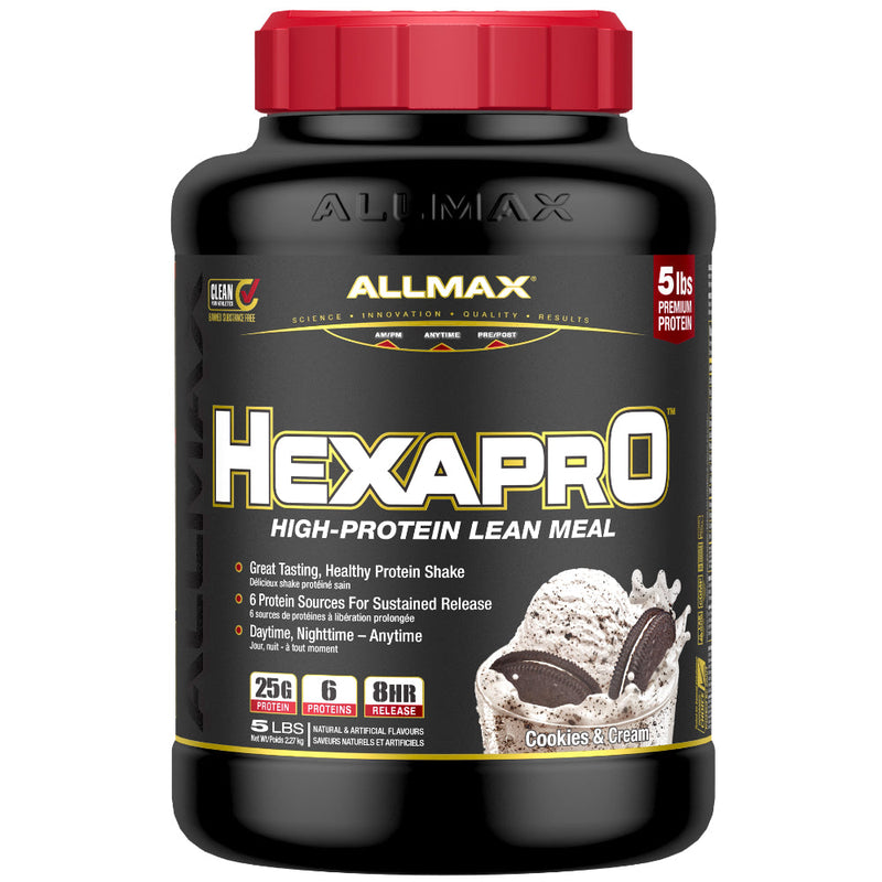 Allmax Nutrition Hexapro 5 lbs Cookies & Cream bottle Image.