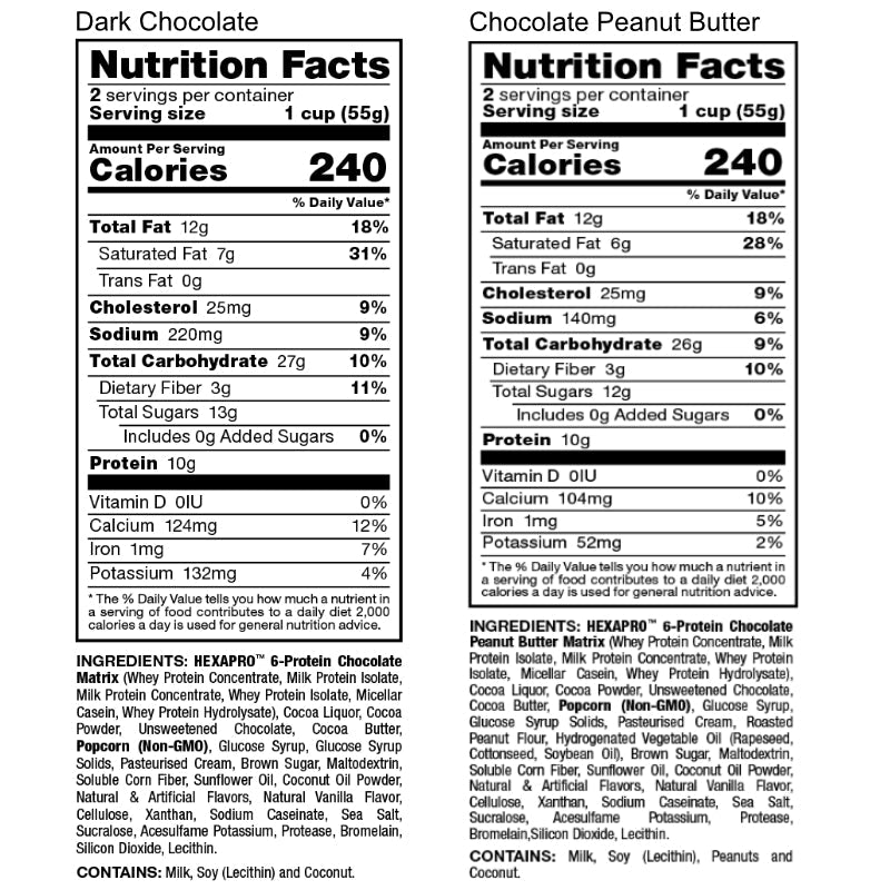 Allmax Nutrition HEXAPRO Protein POPCORN (110 g) | Dark Chocolate & Chocolate PB supplement facts of ingredients.