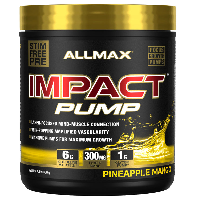 Allmax Nutrition Impact PUMP (30 servings) Pineapple Mango Stim Free Pre-workout bottle image.
