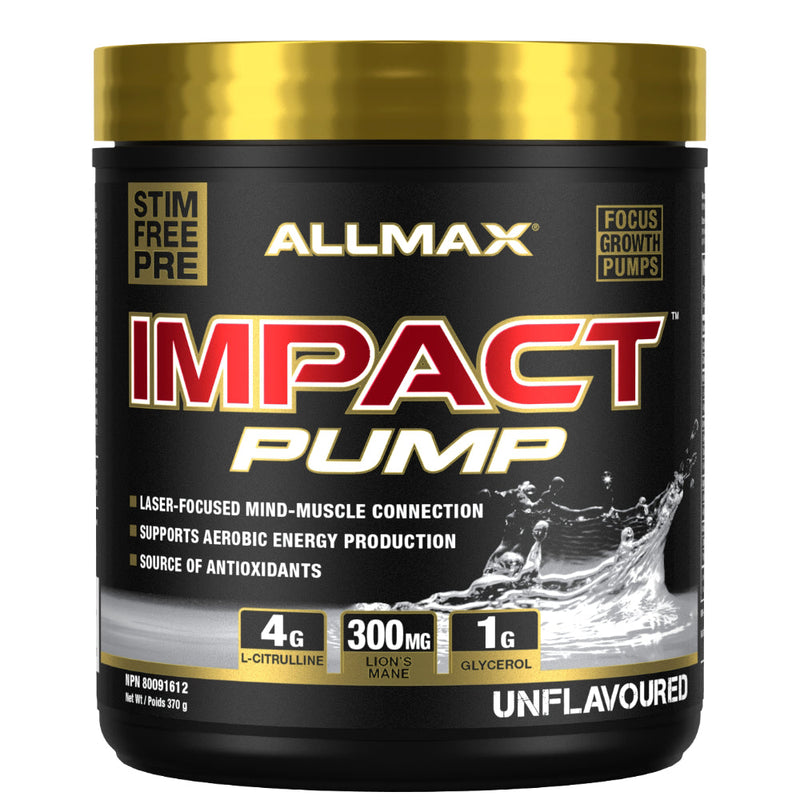 Allmax Nutrition Impact PUMP (30 servings) Unflavoured Stim Free Pre-workout bottle image.