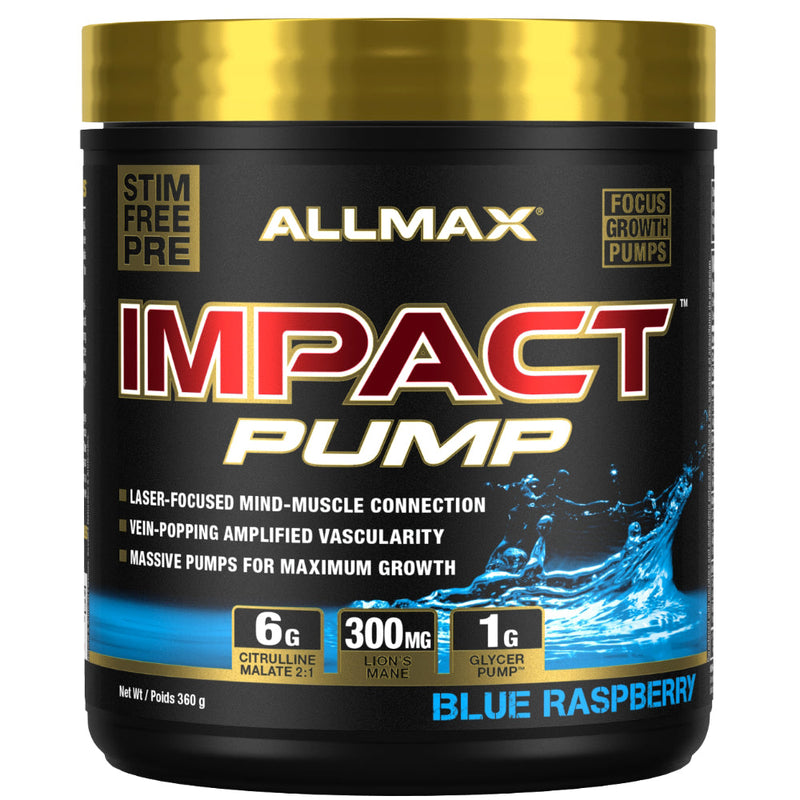 Allmax Nutrition Impact PUMP (30 servings) Blue Raspberry Stim Free Pre-workout bottle image.