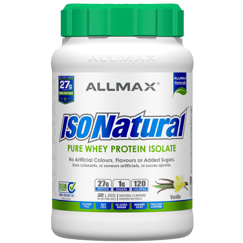 Buy Now! Allmax Nutrition IsoNatural 2 lbs Vanilla. With no artificial flavours, ZERO sugar, and no colour added, IsoNatural contains 27 grams of pure isolate whey protein in every scoop. It’s fat free, contains less than 1 gram of carbohydrate, and is 99% lactose free!