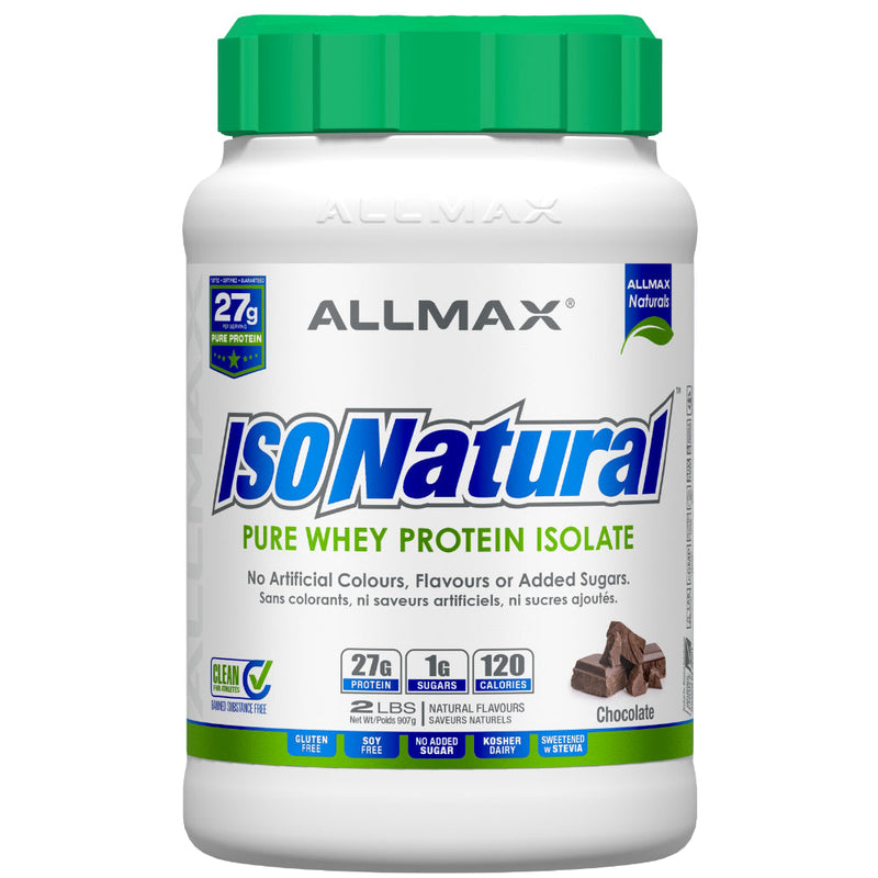 Buy Now! Allmax Nutrition IsoNatural 2 lbs Chocolate. With no artificial flavours, ZERO sugar, and no colour added, IsoNatural contains 27 grams of pure isolate whey protein in every scoop. It’s fat free, contains less than 1 gram of carbohydrate, and is 99% lactose free!