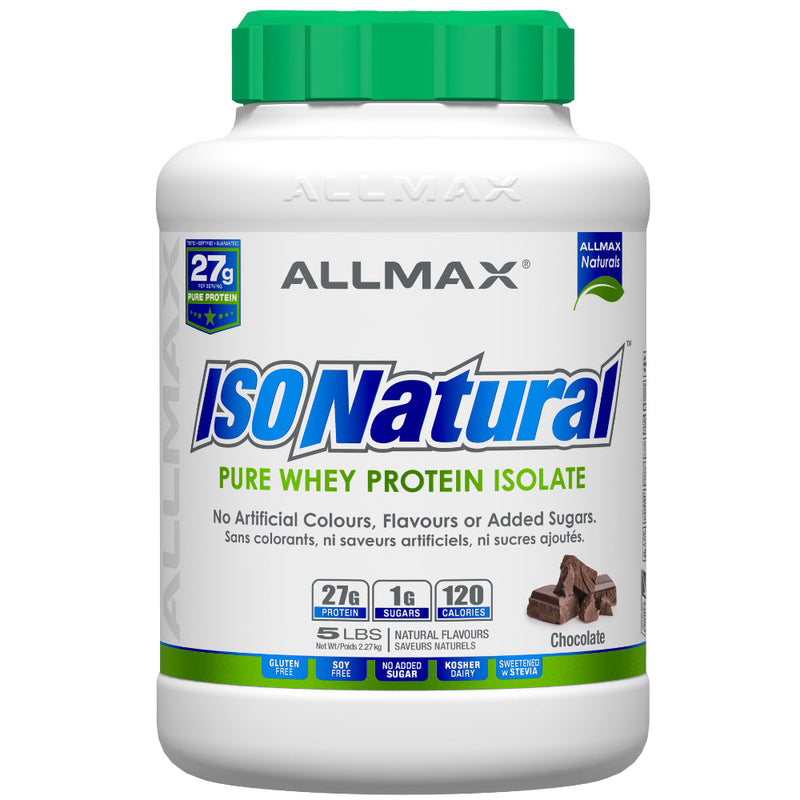 Buy Now! Allmax Nutrition IsoNatural 5 lbs Chocolate. With no artificial flavours, ZERO sugar, and no colour added, IsoNatural contains 27 grams of pure isolate whey protein in every scoop. It’s fat free, contains less than 1 gram of carbohydrate, and is 99% lactose free!