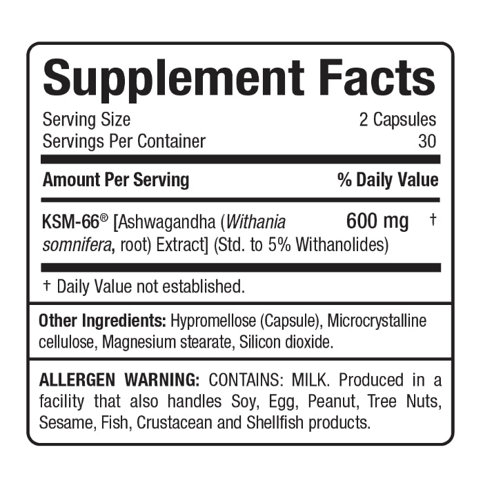 Allmax Nutrition KSM_66 Ashwagandha (60 veggie caps) supplement fact of ingredients. This form of Ashwagandha helps Enhances sexual performance in men and women, Reduces stress and Enhances memory and cognitive function.