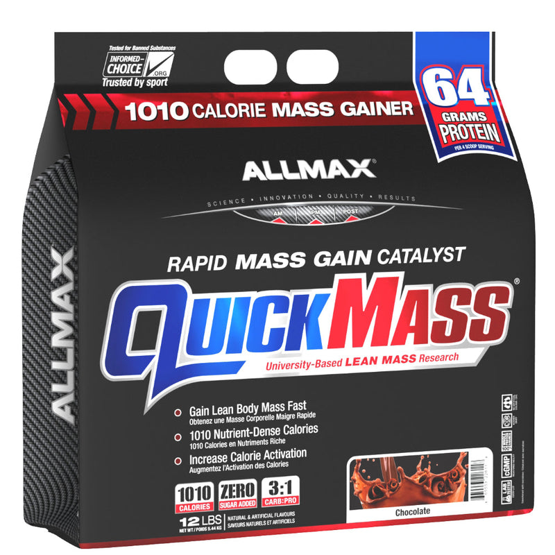 Buy Now! Allmax Nutrition Quickmass Chocolate (12 lbs) bag image. QUICKMASS works by providing a precise 1010 calories per serving (four scoops) with custom engineered nutrient matrices that set the gold-standard in lean mass protein.
