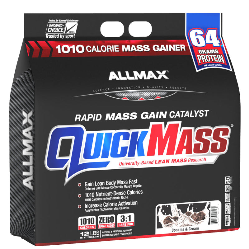 Buy Now! Allmax Nutrition Quickmass Cookies & Cream (12 lbs) bag image. QUICKMASS works by providing a precise 1010 calories per serving (four scoops) with custom engineered nutrient matrices that set the gold-standard in lean mass protein.