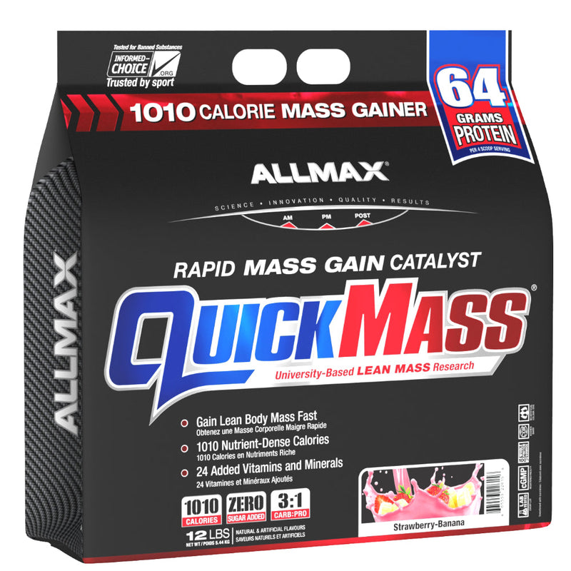 Buy Now! Allmax Nutrition Quickmass Strawberry Banana (12 lbs) bag image. QUICKMASS works by providing a precise 1010 calories per serving (four scoops) with custom engineered nutrient matrices that set the gold-standard in lean mass protein.