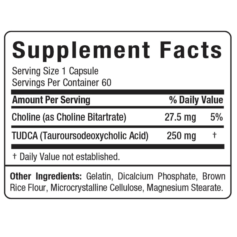 Allmax Nutrition Tudca+ (60 capsules) Liver Detoxifier herbal supplement. Image with supplement facts of ingredients.