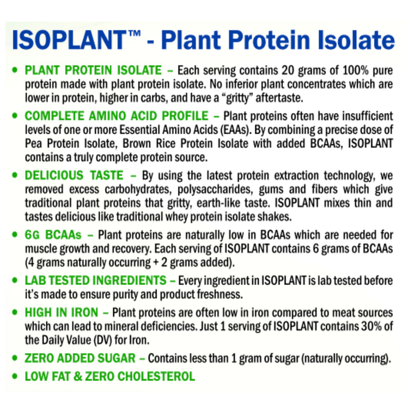 Allmax Nutrition ISOPLANT Protein Isolate 600 g (1.32 lbs) information image. Each serving contains 20 g of 100% pure protein made with plant protein isolate.