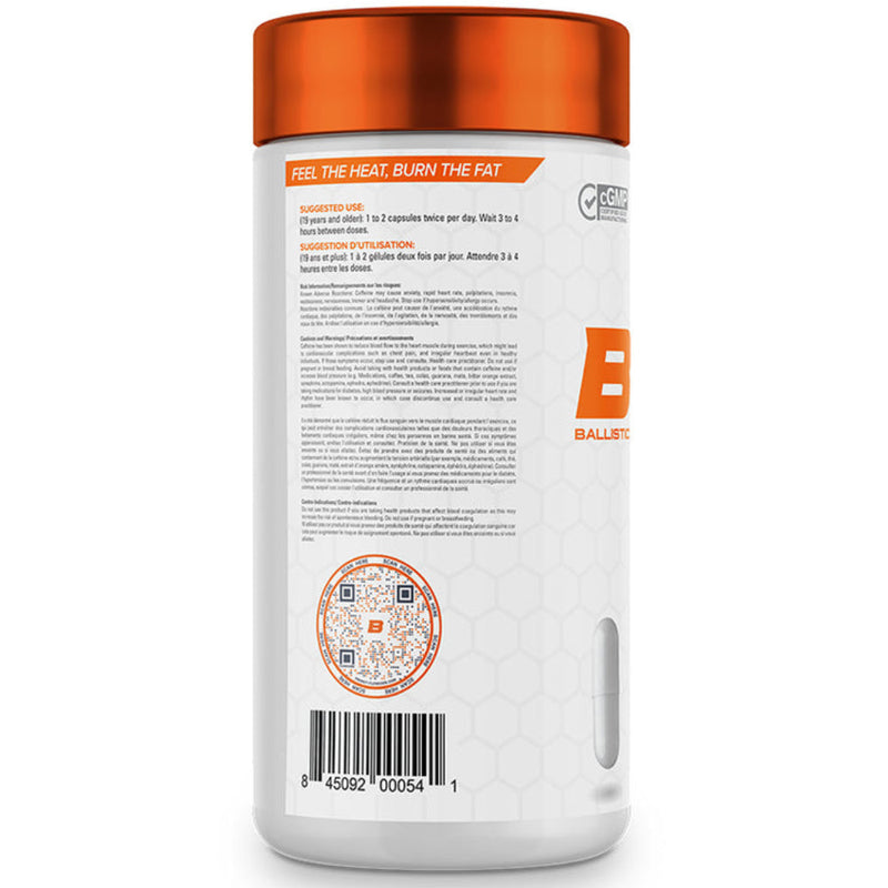 Ballistic Labs AMMO Burn (90 caps) bottle image with directions. Ballistic Labs AMMO BURN is formulated with 9 clinically dosed fat melting and heat producing ingredients to create the perfect fat burning environment. 