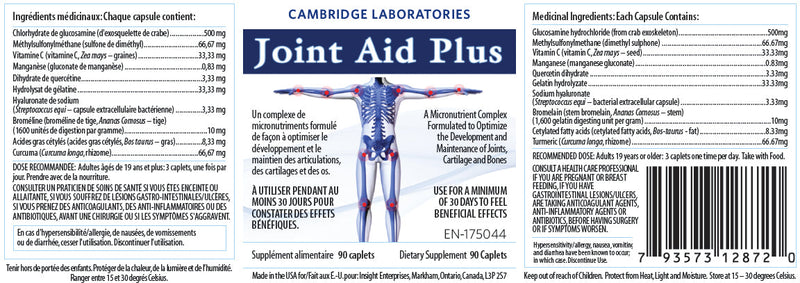 Cambridge Laboratories Joint Aid Plus (90 caps) bottle label. Joint Aid Plus helps promote both the rebuilding of damaged joints and the ongoing maintenance of healthy joints.