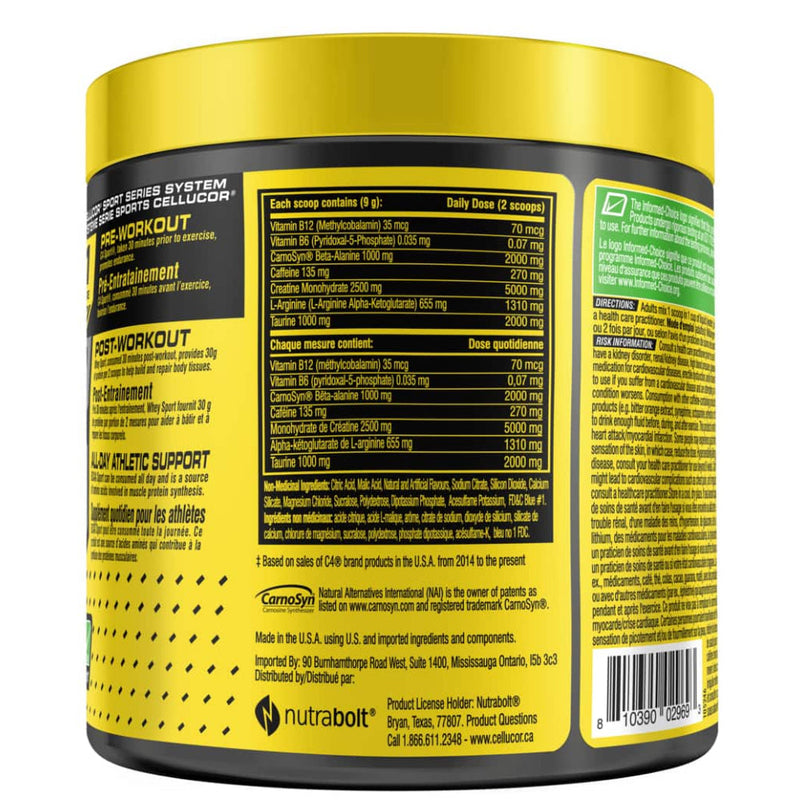 Cellucor C4 Sport (30 servings) supplement facts on bottle. C4 Sport Pre-Workout Powder helps keep you energized during your workout.