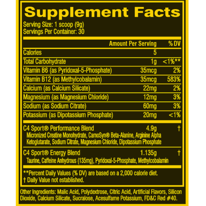 Cellucor C4 Sport (30 servings) supplement facts of ingredients. C4 Sport Pre-Workout Powder helps keep you energized during your workout.