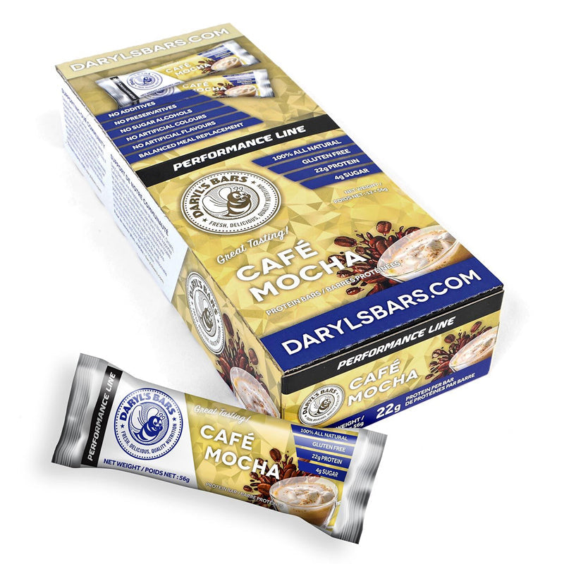 Buy Now! Daryl's Performance Protein Bars Cafe Mocha (box). With 22g of high-quality whey protein and only 4g of sugar, our Cafe Mocha protein bars are packed with a smooth, creamy texture and a burst of roasted coffee flavour.