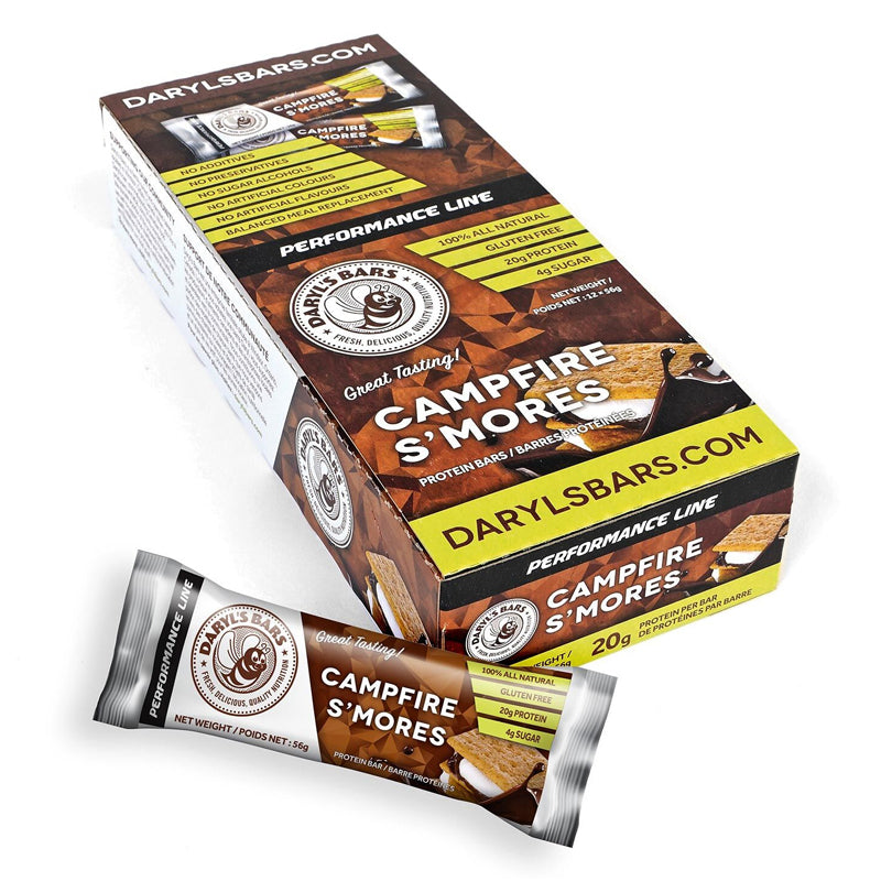 Buy Now! Daryl's Performance Protein Bars Campfire S'mores (box). With 20g of high-quality whey protein and only 4g of sugar, our Campfire S'mores protein bars are bursting with flavour and the very distinct texture of graham cracker crumbs.