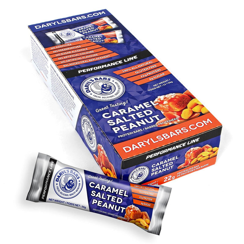 Buy Now! Daryl's Performance Protein Bars Caramel Salted Peanut (box). With 22g of high-quality whey protein and only 4g of sugar, our Caramel Salted Peanut protein bars deliver the goods, along with a flavour reminiscent of homemade peanut brittle.